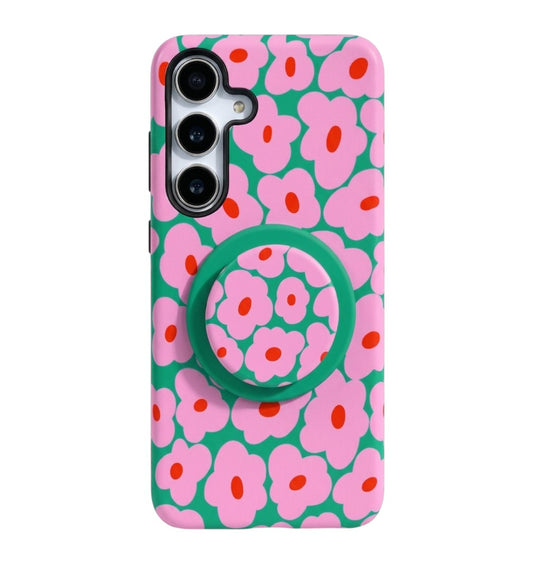 Pink and Green Flower Case with Matching Grip For Samsung Galaxy | Groovy Floral PC TPU Cover