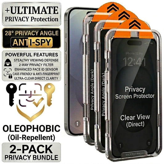 (Pack of 2) Privacy Tempered Glass Screen Protector for iPhone | Easy Installation Kit | Oleophobic Coating Protector