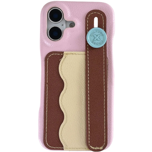 Tri-Color Spliced Leather Wallet Case for iPhone with Wrist Strap