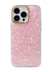 Glitter Shell Pattern Case with Gold Lens Frame | Iridescent Pearl Phone Cover For iPhone