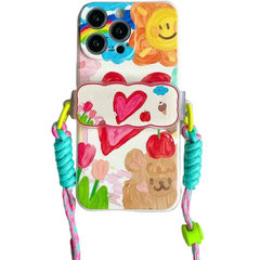 Cute Heart Case for iPhone with Card Holder | Flower Beaded Crossbody Lanyard & Wristband Stand Cover