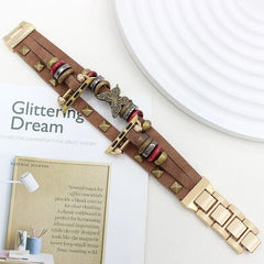 Boho Leather Wrap Apple Watch Band with Butterfly Charm | Vintage Beaded Studded Strap Bracelet
