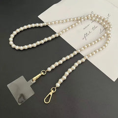 Universal Pearl Chain Crossbody Phone Lanyard | Elegant Acrylic Beaded Shoulder Strap &amp; Bracelet Set with Secure Case Insert Tab