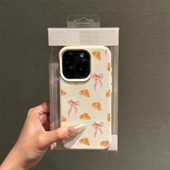 Sweet Croissant Bow Pattern Soft Phone Case For iPhone | Faux Leather Cover
