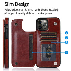 Leather Wallet Case for iPhone with Double Button Card Slot and Kickstand