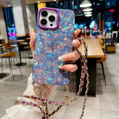 Shell Pattern Glitter Marble Hard Cover with Metal Chain Crossbody Lanyard For iPhone