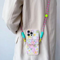 Cute Heart Case for iPhone with Card Holder | Flower Beaded Crossbody Lanyard & Wristband Stand Cover