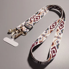 Universal Retro Style Crossbody Phone Lanyard | Wide Adjustable Vintage Geometric Fabric Strap | Neck Hanging Shoulder Sling with Secure Case Tab Insert