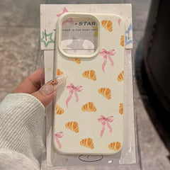 Sweet Croissant Bow Pattern Soft Phone Case For iPhone | Faux Leather Cover