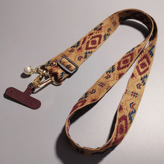 Universal Retro Style Crossbody Phone Lanyard | Wide Adjustable Vintage Geometric Fabric Strap | Neck Hanging Shoulder Sling with Secure Case Tab Insert