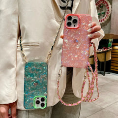 Shell Pattern Glitter Marble Hard Cover with Metal Chain Crossbody Lanyard For iPhone
