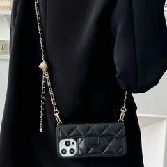 Crossbody Phone Case for iPhone |  Leather Wallet Cover with Adjustable Chain Lanyard, Card Slot Pocket & Kickstand