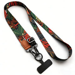 Universal Tropical Leaf Print Phone Lanyard | Adjustable Floral Fabric Crossbody Neck Strap with Premium Leather Accent and Secure Anti-Loss Case Tab
