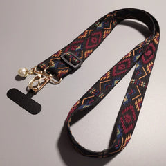 Universal Retro Style Crossbody Phone Lanyard | Wide Adjustable Vintage Geometric Fabric Strap | Neck Hanging Shoulder Sling with Secure Case Tab Insert