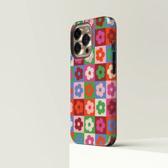 Cute Flower Checkered Magnetic Phone Case for iPhone | Shockproof Acrylic TPU Two-in-One Cover