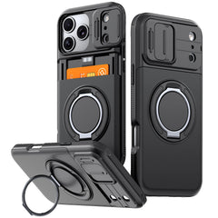 Shockproof Armor Case for iPhone with Slide Camera Cover and Card Holder Hidden Slot | 360 Ring Stand Heavy Duty Protective Cover