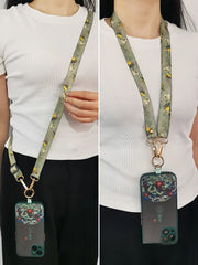 Universal Oriental Aesthetic Phone Lanyard | Vintage Pattern Fabric Crossbody Neck Strap | Adjustable Anti-Loss Shoulder Sling with Secure Case Tab Insert
