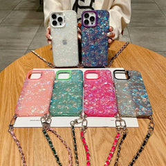 Shell Pattern Glitter Marble Hard Cover with Metal Chain Crossbody Lanyard For iPhone