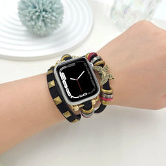 Boho Leather Wrap Apple Watch Band with Butterfly Charm | Vintage Beaded Studded Strap Bracelet