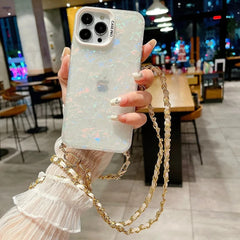 Shell Pattern Glitter Marble Hard Cover with Metal Chain Crossbody Lanyard For iPhone