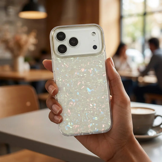 Glitter Shell Pattern Case with Gold Lens Frame | Iridescent Pearl Phone Cover For iPhone