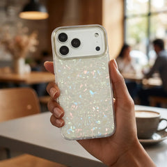 Glitter Shell Pattern Case with Gold Lens Frame | Iridescent Pearl Phone Cover For iPhone