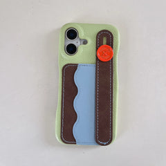 Tri-Color Spliced Leather Wallet Case for iPhone with Wrist Strap