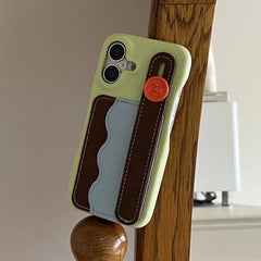Tri-Color Spliced Leather Wallet Case for iPhone with Wrist Strap
