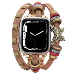 Boho Leather Wrap Apple Watch Band with Butterfly Charm | Vintage Beaded Studded Strap Bracelet