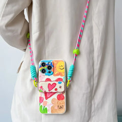 Cute Heart Case for iPhone with Card Holder | Flower Beaded Crossbody Lanyard & Wristband Stand Cover