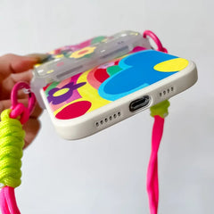 Cute Heart Case for iPhone with Card Holder | Flower Beaded Crossbody Lanyard & Wristband Stand Cover