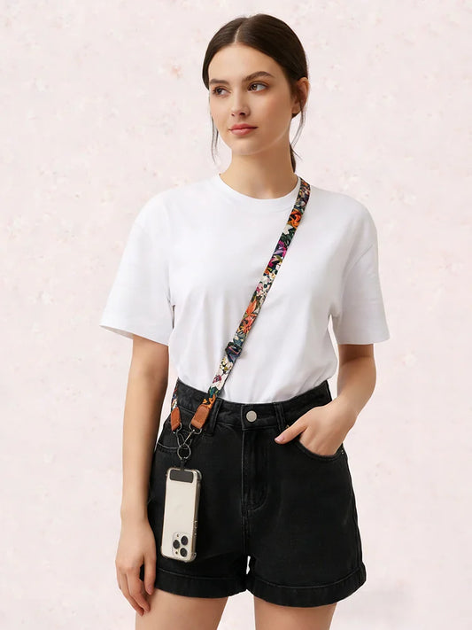 Universal Tropical Leaf Print Phone Lanyard | Adjustable Floral Fabric Crossbody Neck Strap with Premium Leather Accent and Secure Anti-Loss Case Tab