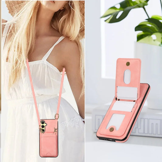 Leather Wallet Case with Shoulder Lanyard Strap for Samsung Galaxy | Built-in Stand Cover
