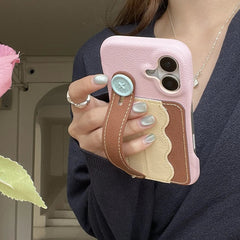 Tri-Color Spliced Leather Wallet Case for iPhone with Wrist Strap