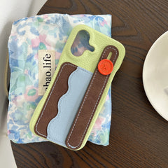 Tri-Color Spliced Leather Wallet Case for iPhone with Wrist Strap