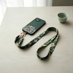 Universal Oriental Aesthetic Phone Lanyard | Vintage Pattern Fabric Crossbody Neck Strap | Adjustable Anti-Loss Shoulder Sling with Secure Case Tab Insert