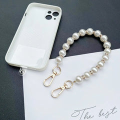 Universal Pearl Chain Crossbody Phone Lanyard | Elegant Acrylic Beaded Shoulder Strap &amp; Bracelet Set with Secure Case Insert Tab