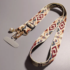 Universal Retro Style Crossbody Phone Lanyard | Wide Adjustable Vintage Geometric Fabric Strap | Neck Hanging Shoulder Sling with Secure Case Tab Insert