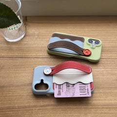 Tri-Color Spliced Leather Wallet Case for iPhone with Wrist Strap