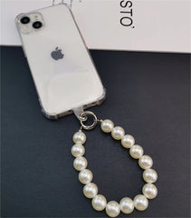 Universal Pearl Chain Crossbody Phone Lanyard | Elegant Acrylic Beaded Shoulder Strap &amp; Bracelet Set with Secure Case Insert Tab