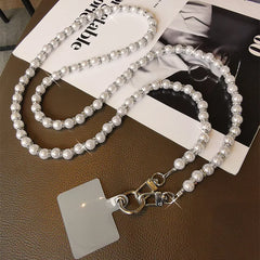 Universal Pearl Chain Crossbody Phone Lanyard | Elegant Acrylic Beaded Shoulder Strap &amp; Bracelet Set with Secure Case Insert Tab
