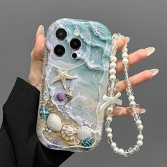 Beach Seashell Starfish Pattern Phone Case For iPhone With Lanyard