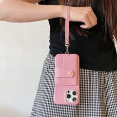 Premium Litchi Texture Leather Wallet Case for iPhone with Lanyard and Card Slots