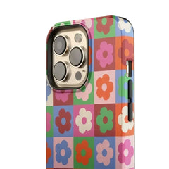 Cute Flower Checkered Magnetic Phone Case for iPhone | Shockproof Acrylic TPU Two-in-One Cover