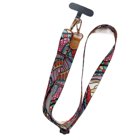 Universal Retro Pattern Phone Lanyard | Wide Adjustable Crossbody Shoulder Strap | Vintage Fabric Neck Sling Bag Chain with Secure Case Tab Insert