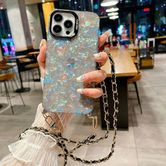 Shell Pattern Glitter Marble Hard Cover with Metal Chain Crossbody Lanyard For iPhone