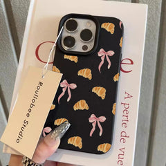 Sweet Croissant Bow Pattern Soft Phone Case For iPhone | Faux Leather Cover