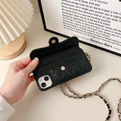 Quilted Leather iPhone Case | Crossbody Lanyard Chain | Wallet Card Holder Phone Cover