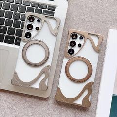 Minimalist Aluminum Metal Bumper MagSafe Case For Samsung Galaxy | 360° Ring Stand Clear Phone Cover