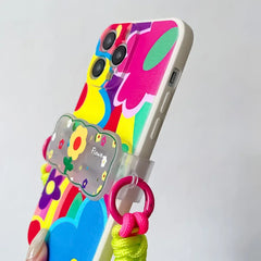 Cute Heart Case for iPhone with Card Holder | Flower Beaded Crossbody Lanyard & Wristband Stand Cover